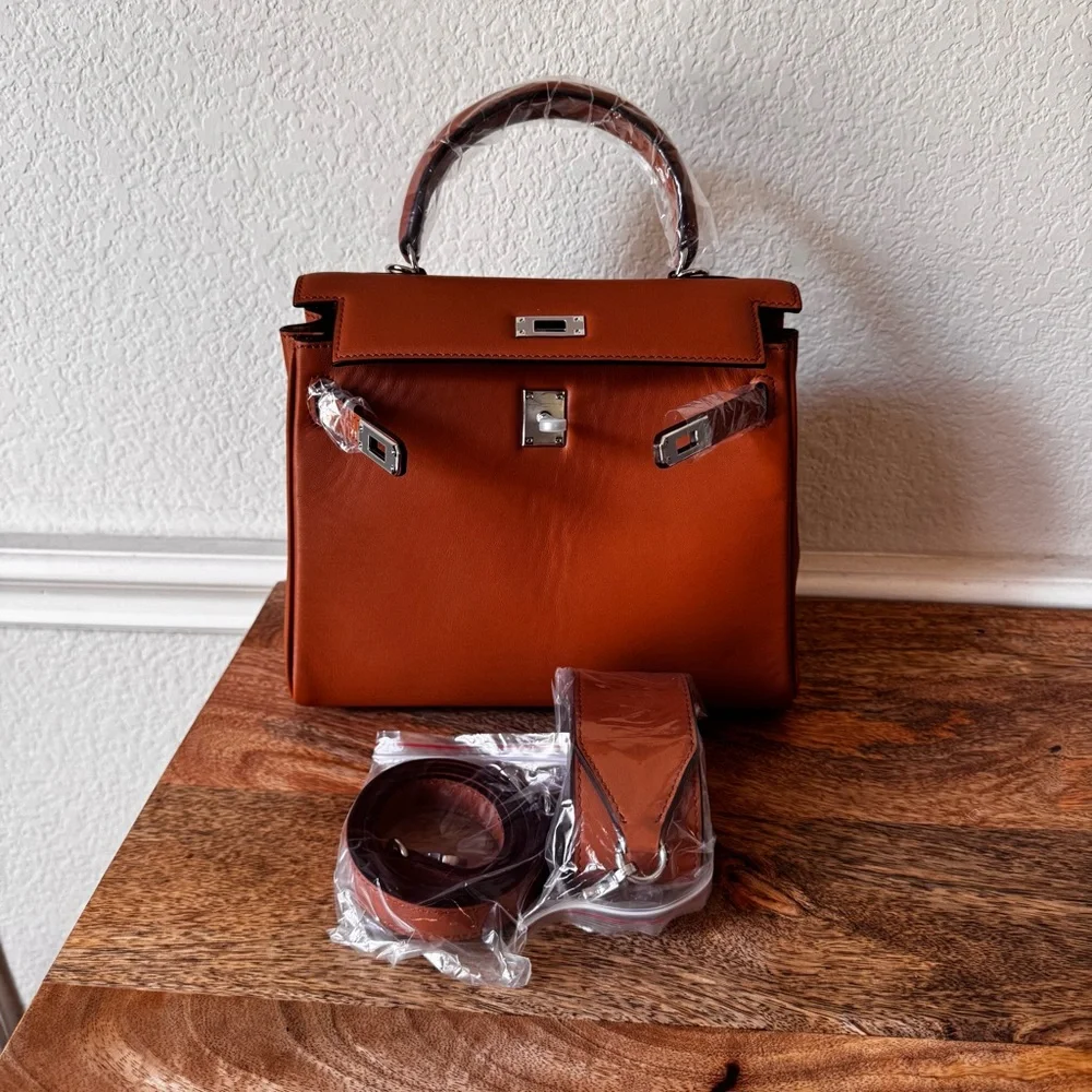 LEATHER INSIDE & OUT | Tan Orange 25 KL Belted Satchel Bag Dual Wide Strap B4 - Picture 11 of 13